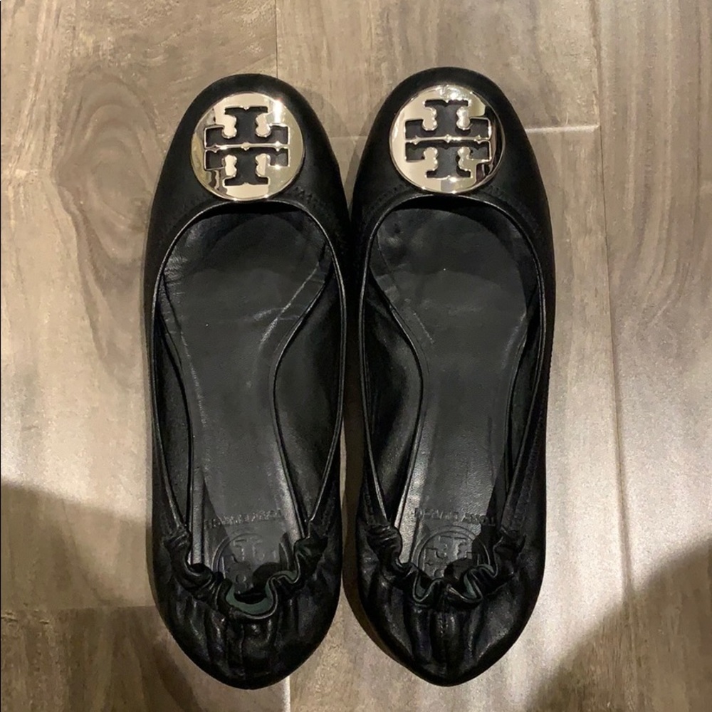 Tory Burch, Black Leather, Minnie Travel Ballet Flats